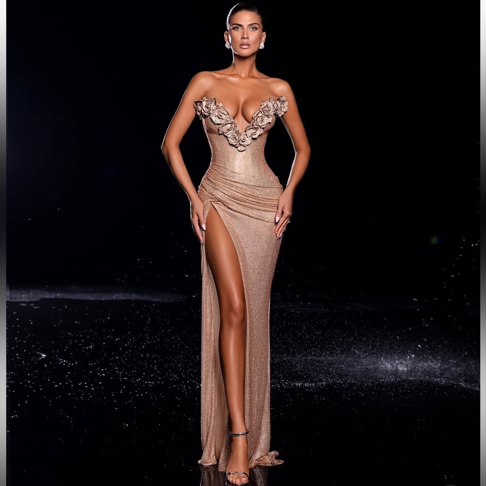 Nicol Sposa Strapless Gold Gown with Rose Appliqué and High Slit